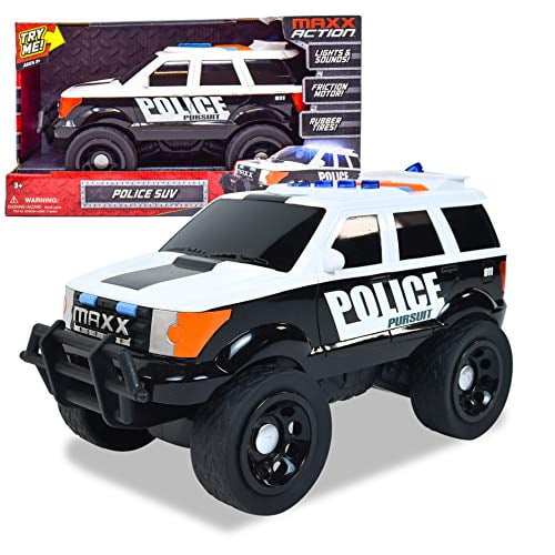 Large Rescue Police motorized police SUV nearly 12 inches long with Maxx Action name, front LED flashing lights, three realistic electronic sounds (siren, horn, engine), push-button electric motor for powered drive and soft super-grip treaded rubber tires for smooth imaginative rescue play, often used in vehicle-themed toy displays.