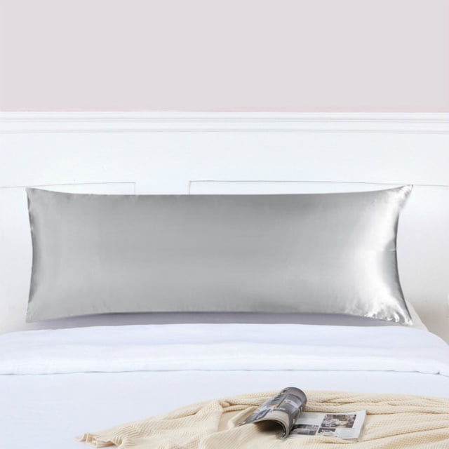 zanvin 1 Pack Microfiber Soft Body Pillowcase with Hidden Zipper, 20 x 54 inches, shown in a silver colour on a bed with white sheets. The pillowcase is soft, breathable, and durable, ideal for bedroom decor or bedding. A beige blanket and magazine are placed on the bed for a cozy aesthetic.