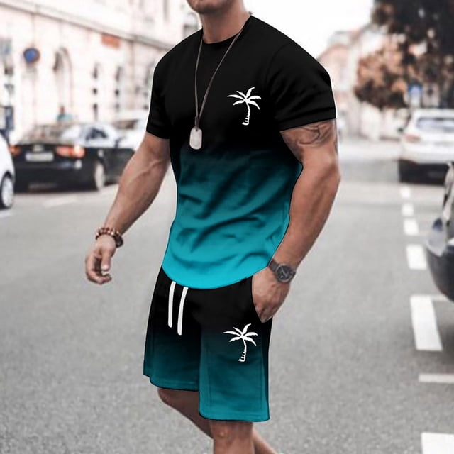 Men's Summer Tracksuit Plus Size Short Sleeve O Neck Athletic Suit Casual Color Block Waist Tracksuit Set