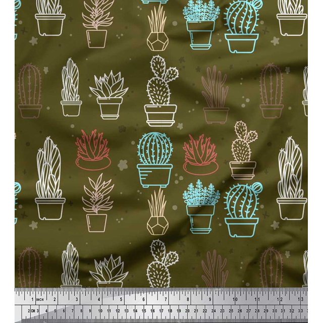 Soimoi Georgette Viscose Fabric Dot & Cactus Tree Decor Fabric Printed Yard 42 Inch Wide