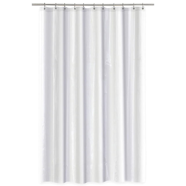 Eco 7G Peva Shower Liner in white, hanging from metal hooks on a silver shower rod, featuring a mildew-resistant, rust-resistant surface and a weighted hem to prevent movement, suitable as a durable bathroom shower curtain liner.