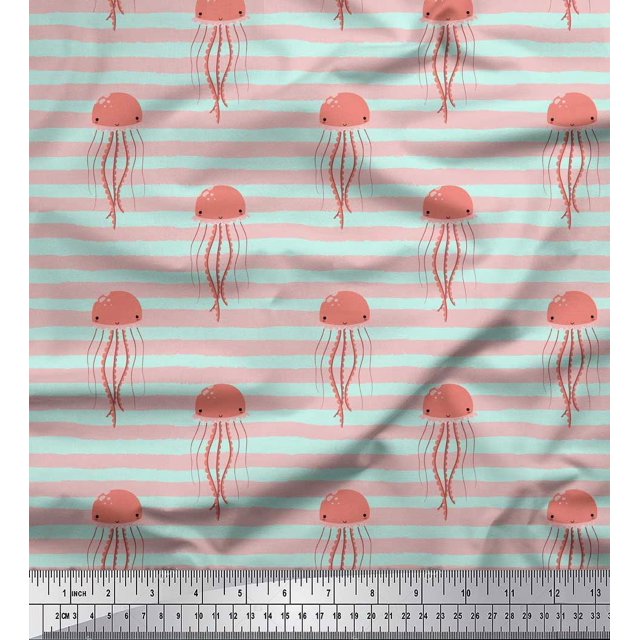 Pomme Vert Poly Georgette Tissu Rayure & Méduses Océan Tissu Imprimé par la Cour 42 Pouces de Large