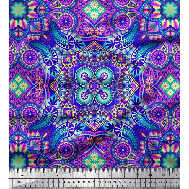 Soimoi Polyester Crepe Fabric Paisley & Mandala Decorative Printed Fabric 1 Yard 42 Inch Wide
