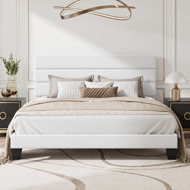 Amolife King Bed Frame, Platform Bed Frame with Upholstered Velvet Headboard, White