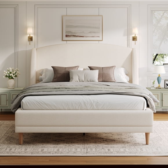 Queen Size Bed Frame,Upholstered Platform Bed,Soft Boucle Wingback Headboard,Wood Bed Support and Slats,Curved-Shaped Headboard Queen Bed Frame for Adult,Easy Assembly,Beige