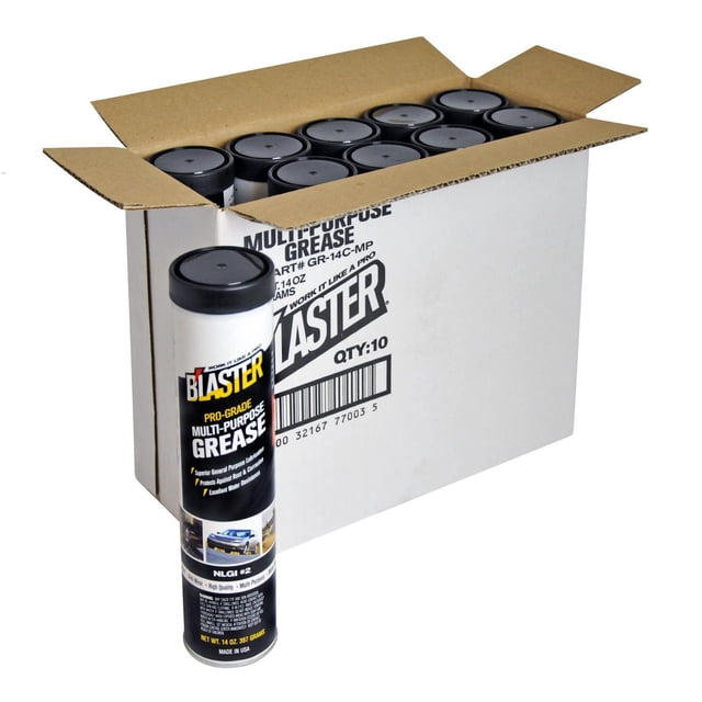 Blaster Pro-Grade Multi-Purpose Grease - 10 Pack showing a white cardboard box with ten black-capped grease tubes and one tube outside, labeled for heavy-duty lubrication, rust and corrosion protection, and high-temperature resistance up to 550°F, suitable for automotive, fleet, and construction equipment maintenance.