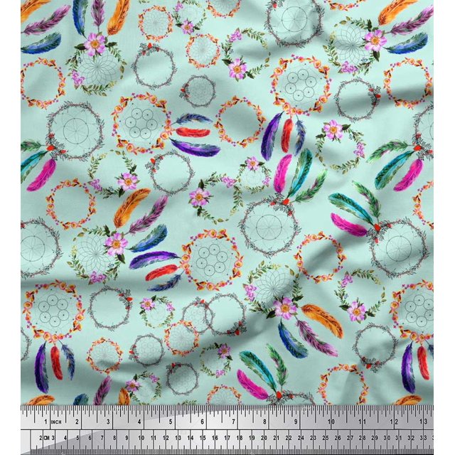 Soimoi Polyester Crepe Fabric Wreath & Dream Catcher Home Decor Print Fabric by Yard 52 Inch Wide