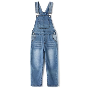 KIDSCOOL SPACE Girls Denim Overalls, Elastic Waistband Inside Washed Stretchy Jeans Jumpsuit,Light Blue,7-8 Years