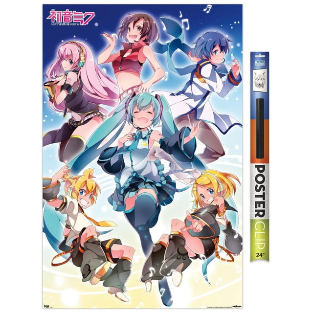 Hatsune Miku - Group Wall Poster, 14.725" x 22.375", depicting six anime characters in vibrant costumes with musical notes on a blue and white gradient background, printed on glossy paper by Trends International, suitable for decorating bedrooms, offices, or dorms.