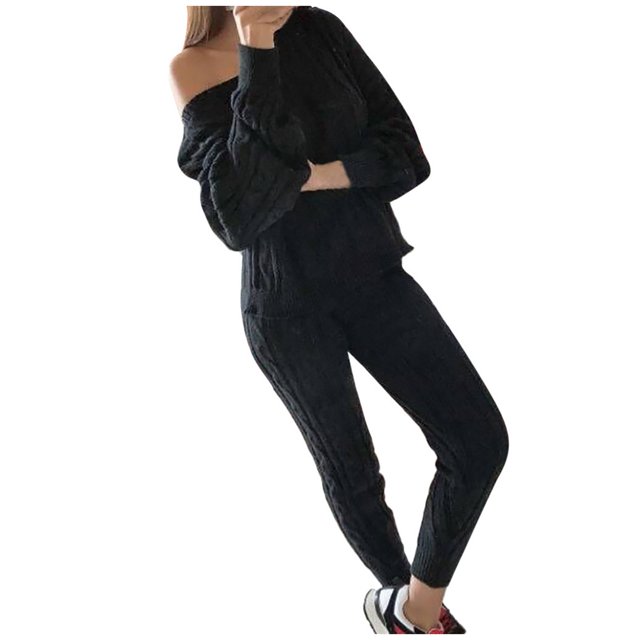 Pompotops Womens Solid Color Off Shoulder Long Sleeve Cable Knitted Warm Two-Piece Long Pants Sweater Suit Set