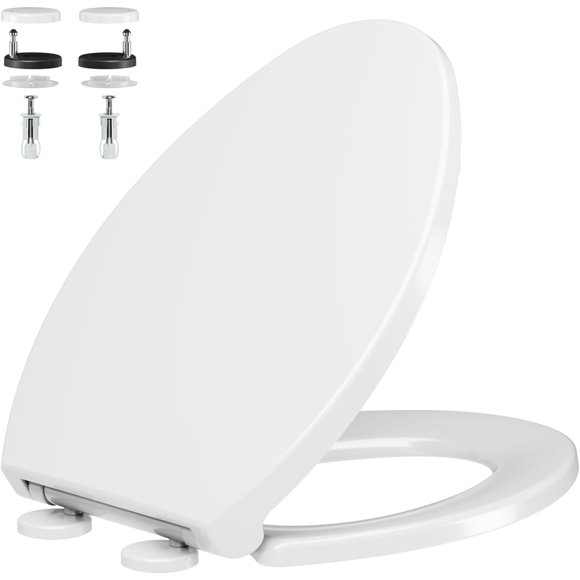 Elongated Toilet Seat with Cover Quiet Close, Toilet Seat with Quick Release for Easy Clean, Simple Top Fixing, with Adjustable Hinges, White Color