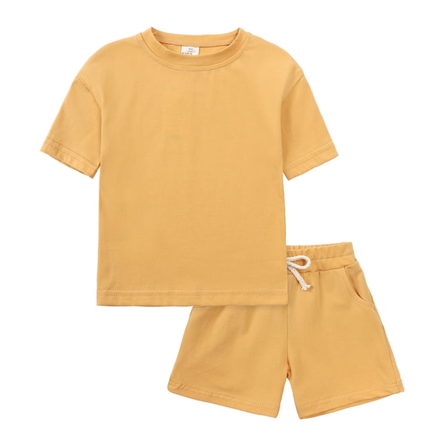 MIASHUI Boys Summer Tracksuit Outfits Solid Color Short Sleeve Shirts Shorts Outfits,Yellow,8-9 Years