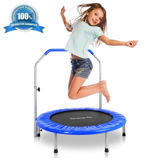 SereneLife 36 Inch Portable Highly Elastic Jumping Sports Trampoline, Kids Size, featuring a blue padded frame, a polypropylene jumping mat, and a sturdy steel handrail for added safety. The trampoline is designed for indoor and outdoor use, with a foldable frame for easy storage. Dimensions are 36 x 32 inches, with a weight capacity of 220 pounds.
