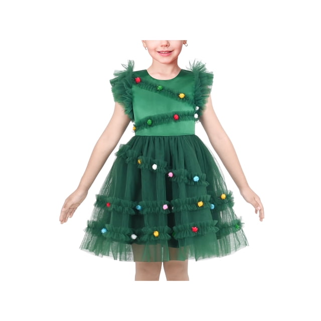 Girls Dress Green Christmas Tree Mesh Poms Ruffle Bow Party 6 Years