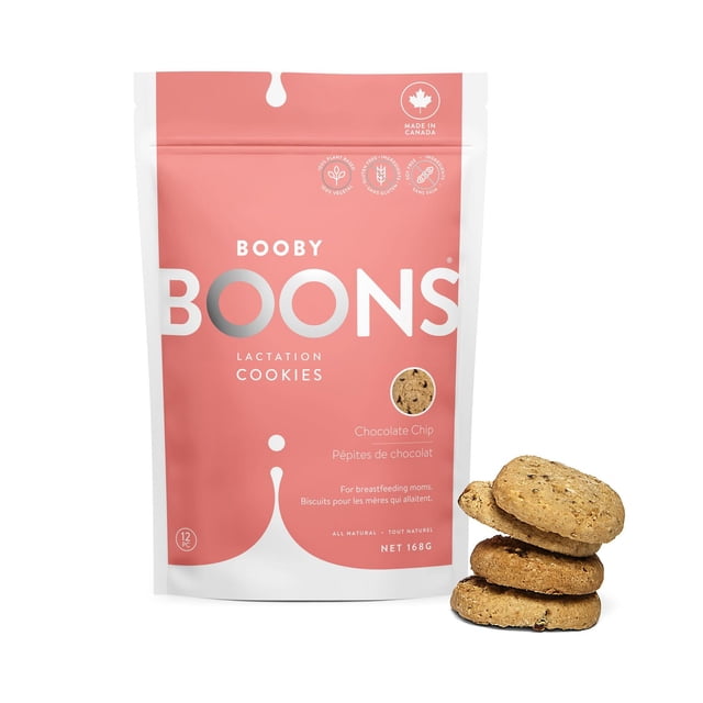 Booby Boon Lactation Cookies: Chocolate Chip (168g) in a pink and white resealable bag with a stack of four round chocolate chip cookies, made with natural, plant-based, gluten-free ingredients to support breastfeeding and increase milk supply.