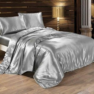4-piece set de literie: housse de couette en satin de soie douce 220 x 240 cm, drap et taie d'oreiller (Argent)