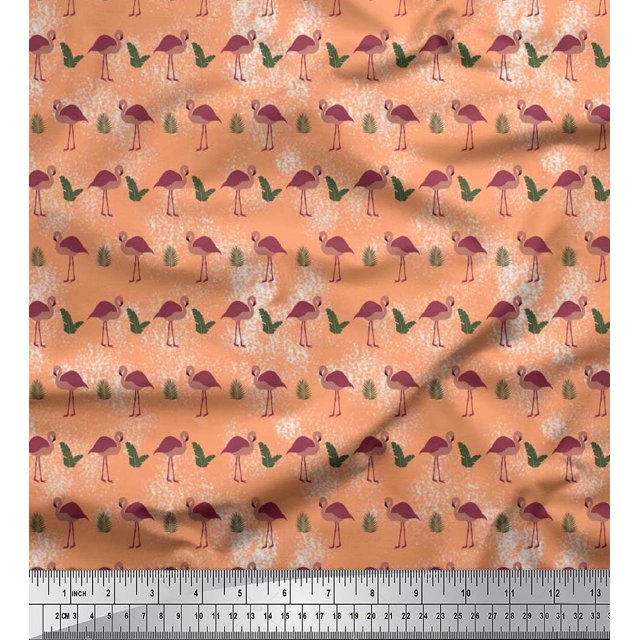 Soimoi Moss Georgette Fabric Check,Tropical Leaves & Flamingo Bird Print Fabric by Yard 42 Inch Wide