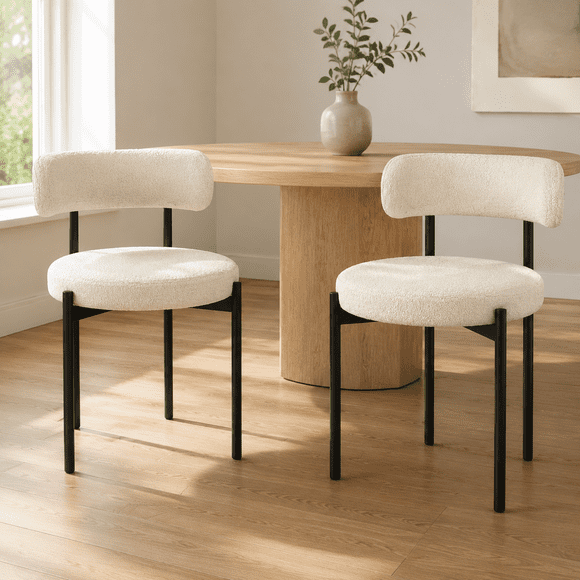 Meli Dining Chair Set of 4, Modern Boucle Upholstered Chairs with Curved Backrest, Metal Legs, Living Room Furniture, Round Seat Design Kitchen Chairs