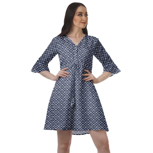 Moomaya Robe Courte à Cordon Imprimée en Poly-Crêpe pour Femmes, Robe Chemise à Manches à Volants