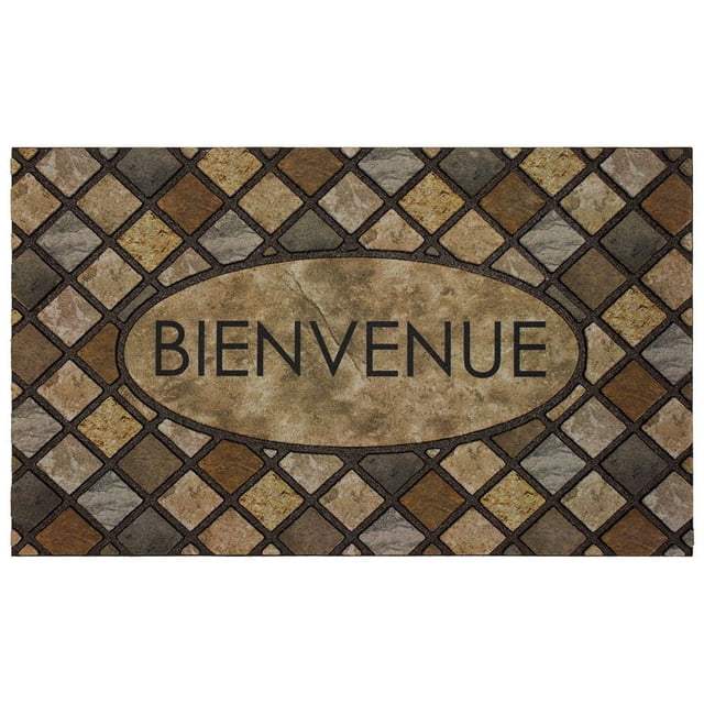 Mainstays Paillasson de Bienvenue en Polyester 18"x30 Pouces avec une Forme Rectangulaire et un Motif de Carreaux Mosaïque en Tons Terre de Brun, beige et Gris. l'Ovale Central Présente « Bienvenue » en Lettres Majuscules Noires sur un Fond beige Texturé. Ce Paillasson Tout Temps à Profil Bas a une surface en Polyester durable et un Endos en Caoutchouc, Idéal pour les Entrées Intérieures et Extérieures.