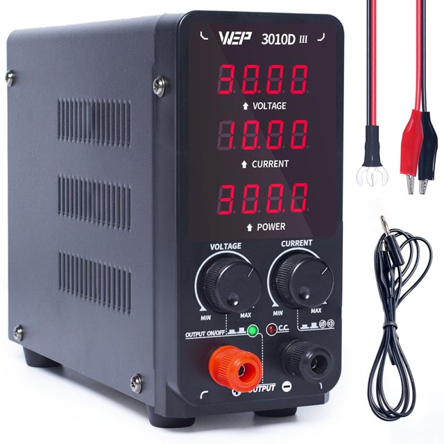 WEP 3010D-III DC Variable Power Supply 30.00V 10.00A High Precision Bench Lab Power Supply with Alligator Clips for anodizing kit, Electroplating, arduino, breadboard