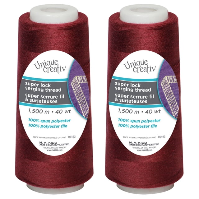 UNIQUE CREATIV TRULOCK serging thread in deep red, 100% spun polyester, 40 wt, 1500 m cone for overlock machines. Two cones with white plastic tops and labels showing thread details, suitable for seams, hems, and edge finishes in sewing and craft projects.