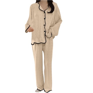 cfhntfmh Ensemble de Pyjama pour Femmes à Manches Longues, Tenue de Nuit Unie, Col à Revers, Boutons, Tenue de Détente, Pyjama Deux Pièces