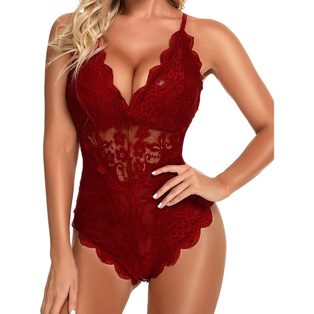Kmbangi Women Plunging Neckline See-through Bodysuit Backless Lace Teddies