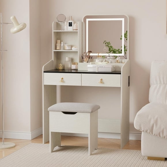 PIONEERWORKS Vanity Desk with LED Light Mirror and Charging Station, Small Makeup Vanities Set with 2 Drawers for Girls Women with Storage Stool, White (Black Table Top)