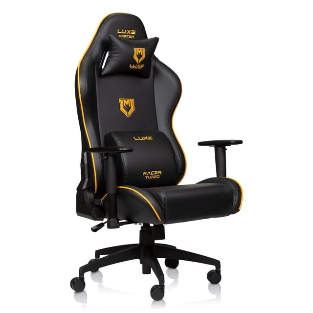 Luxe Racer Turbo Office, Desk & Gaming Chair in black with yellow piping and embroidered Luxe Master logos on the neck pillow, backrest, and lumbar cushion, featuring adjustable 2D armrests, high-resiliency foam padding upholstered in non-toxic PVC leather, and a black fiberglass reinforced nylon five-star base with polyurethane casters, ideal for ergonomic gaming and office use.