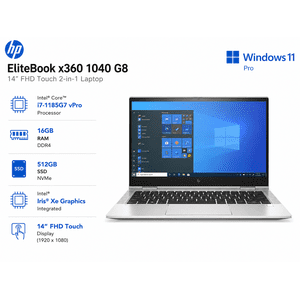 HP EliteBook x360 1040 G8 | 14" FHD Toucher 2-in-1 Ordinateur portable (Core Intel) i7-1185G7 vPro / 16GB RAM / 512GB SSD /Intel Iris Xe GPU/ Windows 11 Pro)(Renouvelé)