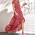 thumbnail image 4 of Pisexur Robe à Manches Courtes Col en V Mode Été Robe à Manches Courtes Col en V Imprimé à Pois Taille Élastique Fendue Longue Robe Femme en Solde, 4 of 7