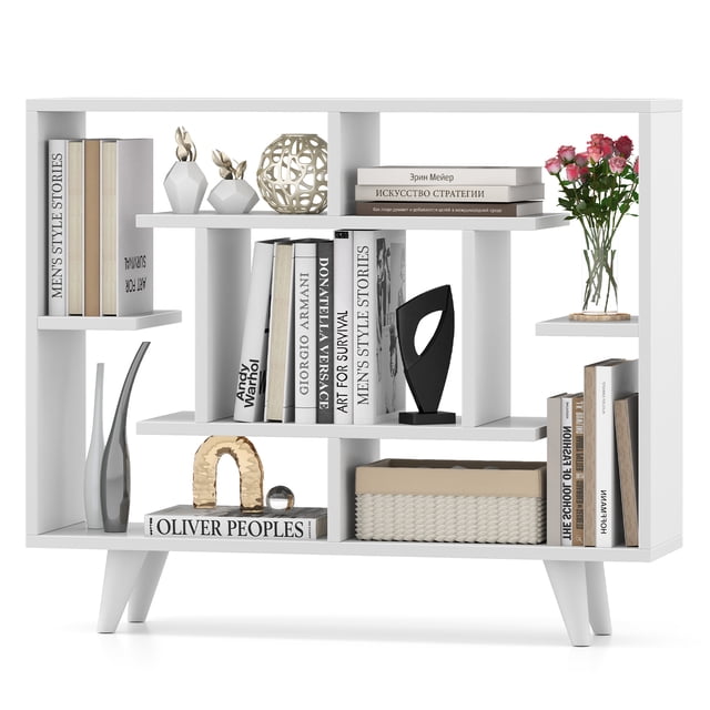 Gymax Bibliothèque Géométrique avec Trousse Anti-Basculement en Blanc, Présentant un design Géométrique Moderne avec Plusieurs Tablettes pour Organiser des Livres, des Décorations et des Articles de Rangement. Fabriquée en Bois d'Ingénierie, Elle Mesure 35,5 Pieds' L x 8,5 Pieds' L x 29,5 Pieds' H et Supporte jusqu'à 145 Lb. Conception Surélevée avec Dégagement Inférieur de 5 Pieds' pour un Nettoyage Facile en Dessous. Convient comme Séparateur de Pièce chic Ou Étagère d'Exposition.