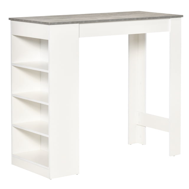HOMCOM Bar Table, High Top Pub Table with 4 Storage Shelves for Home Bar. Modern kitchen table with a grey tabletop and white particleboard frame. Features four open shelves for organizing barware, utensils, or decor. Compact and tall, ideal for mingling, creating drinks, or as a workspace. Suitable for use as bar furniture or a buffet table. Dimensions: 45.3 inches wide, 19.7 inches deep, and 40.4 inches tall.