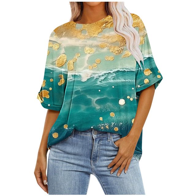 Pisexur Hauts pour Femmes Mode Décontractée Manches Courtes Col Rond T-Shirts Confortables Amples Imprimé Floral Blouses Printemps Été Hauts Élégants Imprimés Graphiques Grandes Tailles Tops de Sortie S-5TG