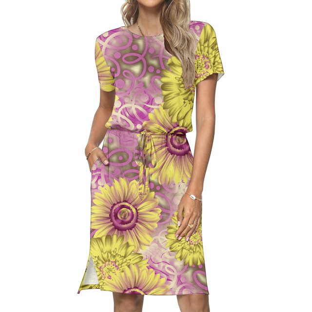 Fshaion Robe d'Été pour Femmes 2024 Grande Taille Décontractée Col Rond Bretelles Manches Courtes Imprimé Floral Robe Ample avec Poche Liquidation à Moins de 10!