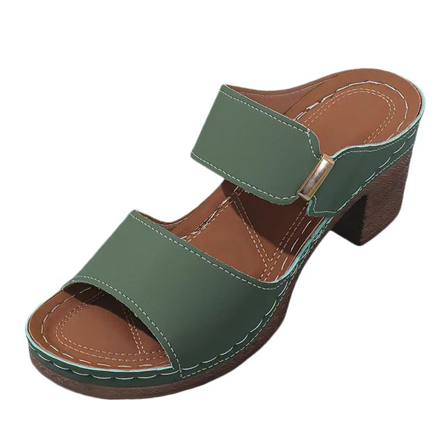 IUJSOY Womens Heeled Sandals Open Toe Two Strap Chunky Heels Slides Soft Cushion Slip on Mules