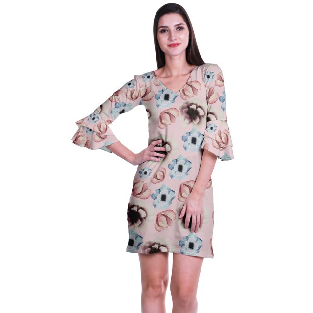 Moomaya Robe Courte Imprimée pour Femmes, Manches Évasées, Coupe Droite, Robes pour Femmes, Vêtements d'Été Décontractés