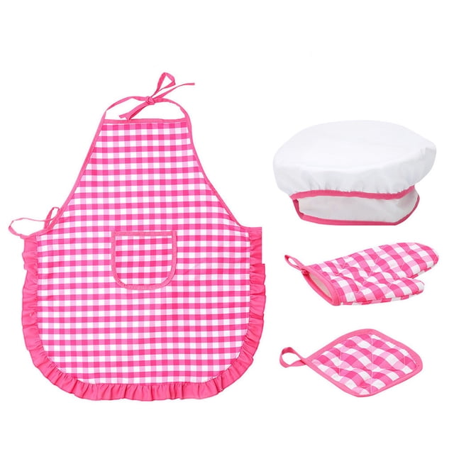 Pink Childrens Baking Apron Set With Chef Hat, Pretend Play Costume Polyester Material, For Kitchen Fun Includes Accessories