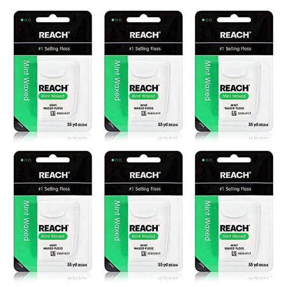 REACH Waxed Dental Floss 6 Pack Bundle, Mint, Plaque Remover, Shred Resistant, Extra Wide Cleaning, Gentle on Gums & Teeth, PFAS-Free, Oral Care, For Adults & Kids, 55yd