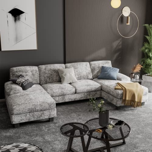 Homall Modern U-Shape Sectional Sofa, Chenille Fabric Modular Couch, 4 Seat Oversized Sofa with Chaise for Living Room, Sleeper Sofa Bed with Memory Foam. U-shape modular sectional in chenille fabric with extra-wide chaise, loose back pillows, removable machine-washable covers, memory-foam seat cushions and solid wood frame; suitable for occasional guest sleeping.