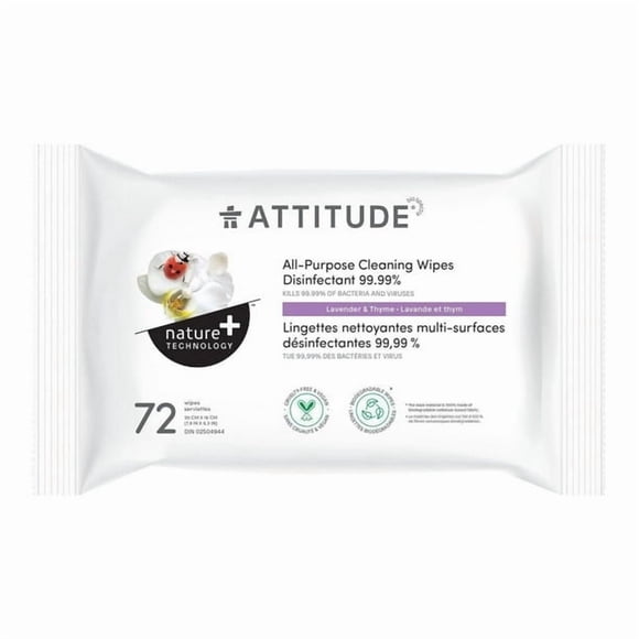 ATTITUDE Technologie nature+, Lingettes de Nettoyage Tout Usage Désinfectantes 99,99 %, Lavande et Thym, 72 Lingettes
