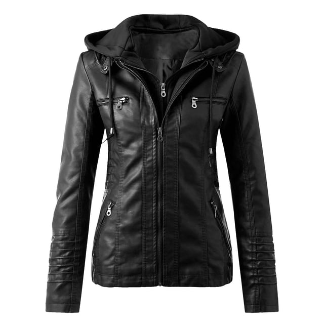 Womens Slim Leather Stand Collar Zip Motorcycle Suit Belt Coat Jacket Tops in black PU leather with a fitted design. Features a stand collar, long sleeves, multiple zippered pockets, and a belted waist. Suitable for casual or daily wear during fall. Ideal as a motorcycle jacket. Available in sizes S to XXXXL.