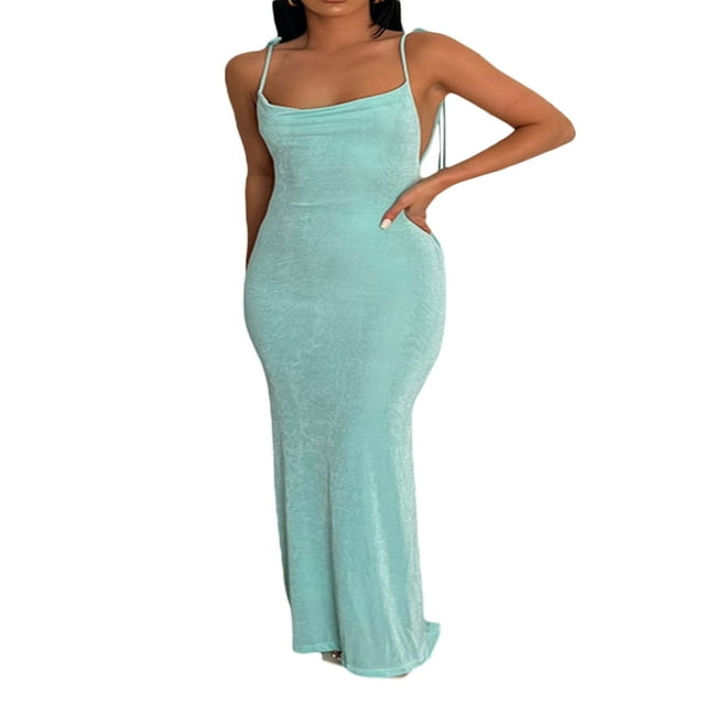 Women Open Back Slip Dress Solid Color Spaghetti Strap Floor Length Skirt Black/ Beige/ Blue