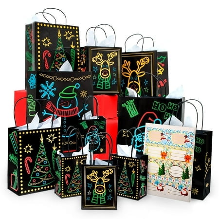 Sac-cadeau des Fêtes de Noël Phosphorescent 22 Pcs 11 Sacs de 4 Modèles Différents 3 Tailles Grand Moyen Petit 10 Autocollants Étiquettes 11 Papiers Mouchoirs Blancs Ensemble-Cadeau avec Éclairage Festif Unique
