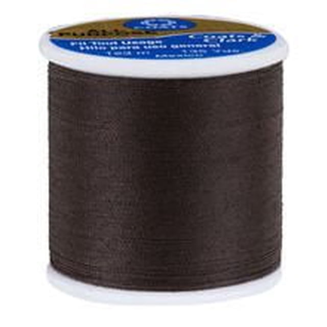Coats & Clark All Purpose Polyester Thread spool in dark brown, 100% polyester covered polyester thread ideal for hand and machine sewing on knits and woven fabrics, 123 metre length, shown in a close-up front view on a white background, also suitable for craft projects requiring durable sewing thread.