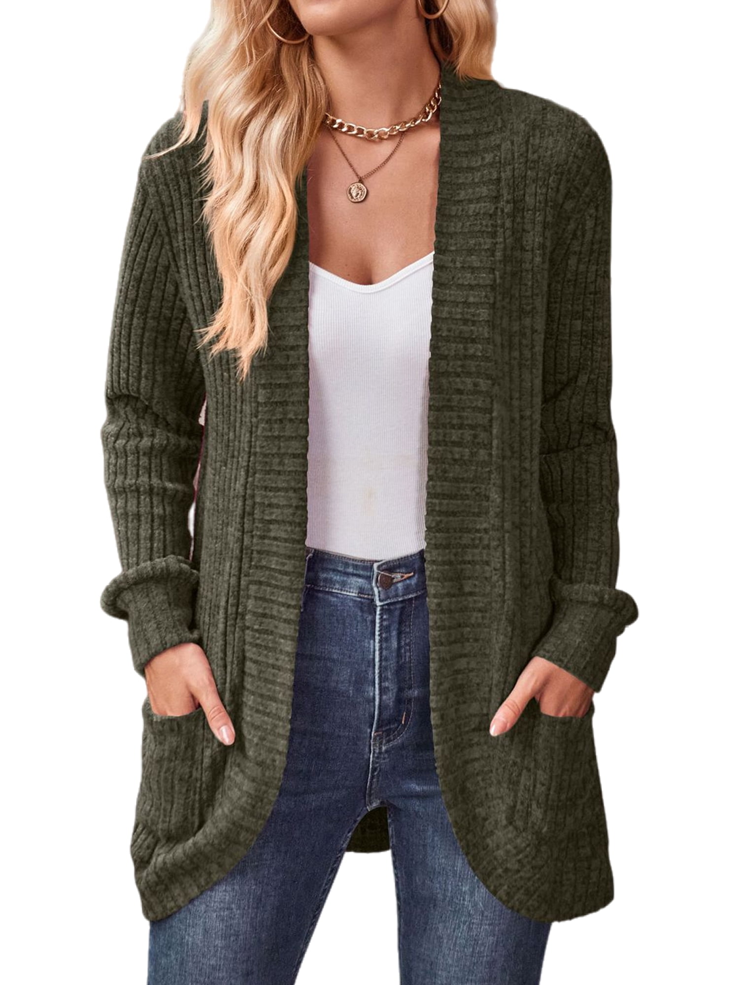 MAWCLOS Ladies Cardigan Sweater Long Sleeve Knitted Sweaters Solid Color Cardigans Cozy Work Open Front Army Green S
