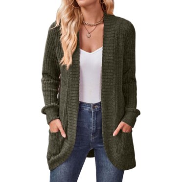 MAWCLOS Cardigan pour Femmes, Chandail à Manches Longues, Chandails Tricotés, Cardigans de Couleur Unie, Confortable, Ouvert à l'Avant, Vert Armée, TG