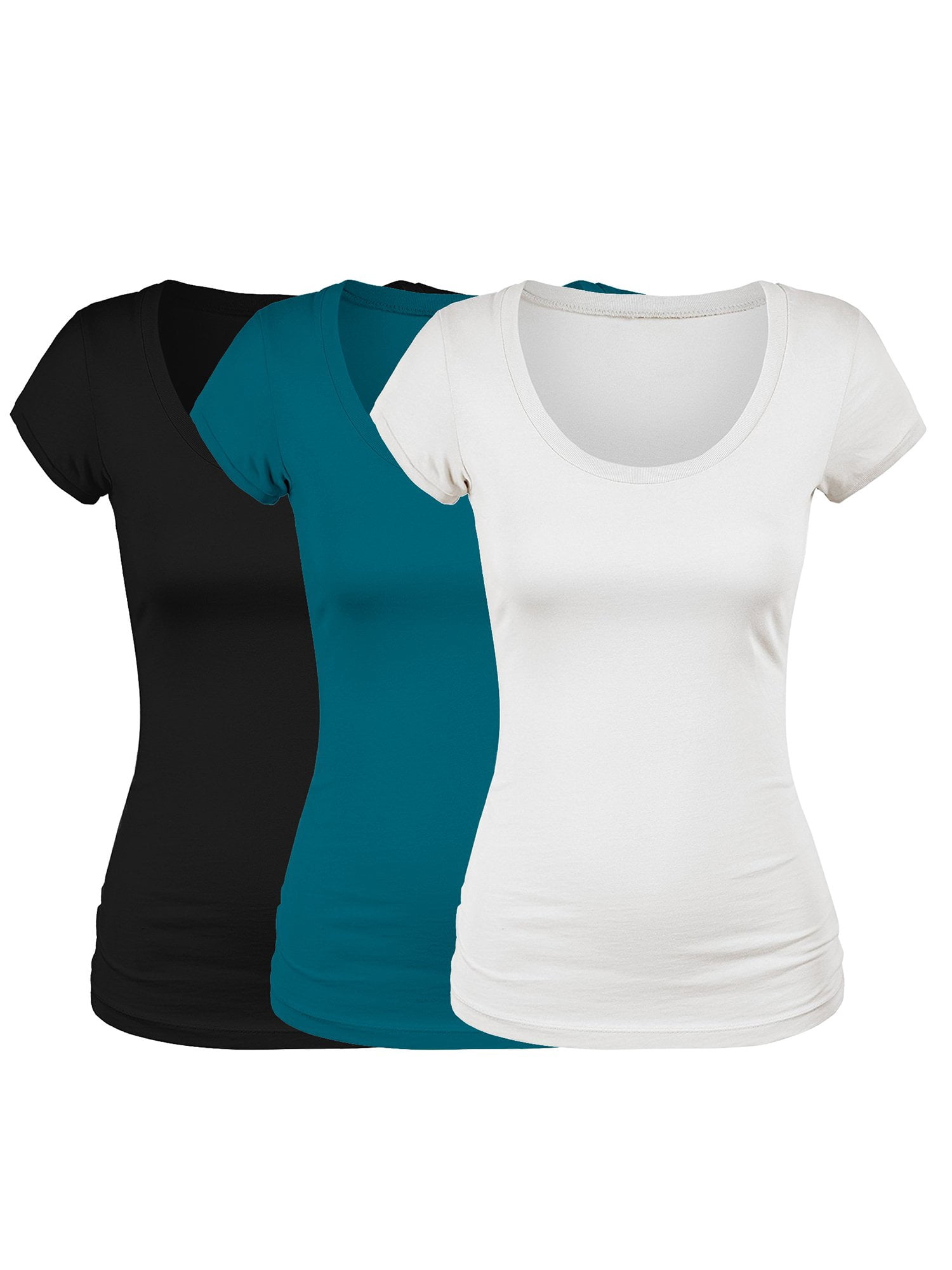 Emmalise T-Shirt à Manches Courtes pour Femmes Col Rond Ensemble de Valeur (3Pk, Noir, Jungle Profonde, Blanc, Moyen)