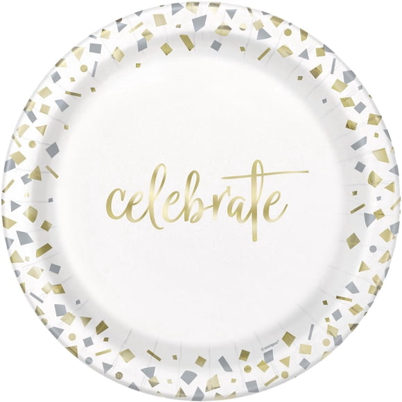 Unique Industries' Gold Confetti Celebrate 9" Paper Dinner Plates, 10ct